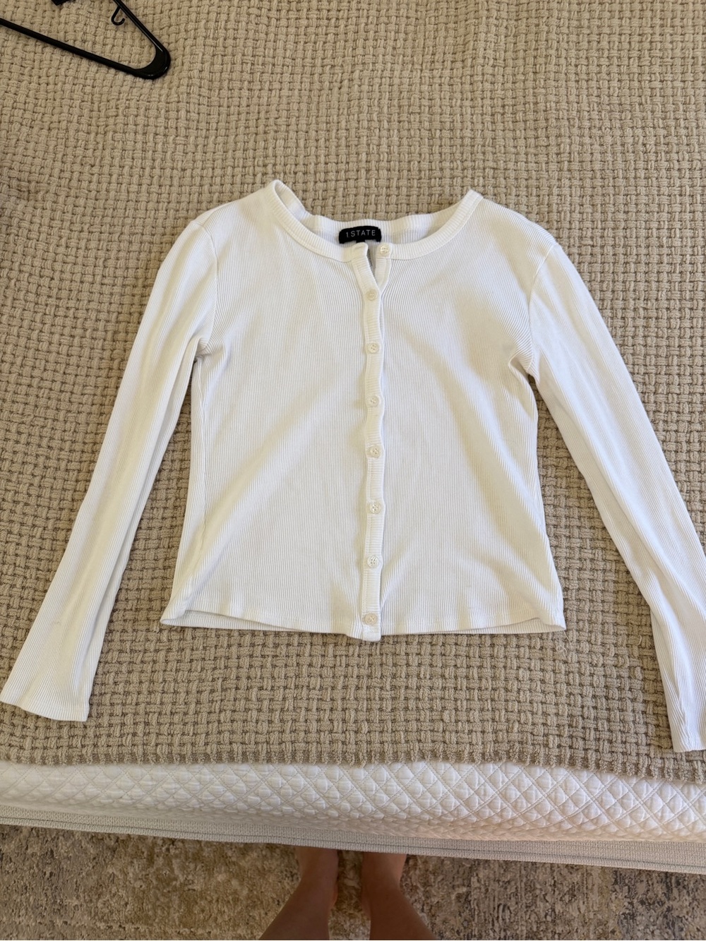 1. State White Ribbed Button-Front Long Sleeve Top cropped cardigan